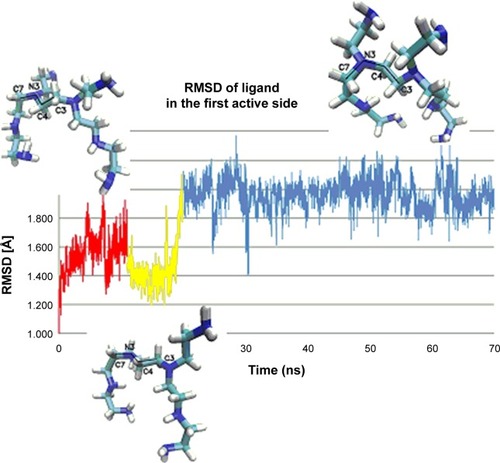 Figure 42 Distribution of values of the dihedral angle of ligand (C7–N3–C4–C3, LIG1) during MD simulation inside of the protein.Abbreviation: RMSD, root-mean-square deviation.