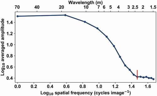 Figure 6. Averaged amplitude spectrum of measured reflectance (λ = 835 nm) for the test area ‘spruce 6’ in log-log coordinates. The red line corresponds to the visually located breaking point at 2.35 m.