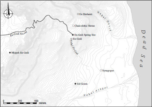 Fig. 1: Map of the En-Gedi oasis (Iron Age sites marked in black; major springs and sites from other periods are indicated; note that the ancient route of Nahal En-Gedi in the plain west of the Dead Sea is unknown)