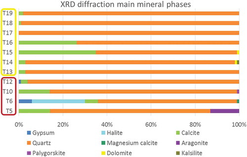 Figure 13. XRD analysis and percentages (semi-quantitative R.I.R. method): The inner-plain sand samples are grouped in the red rectangle and the Grand Oriental Erg sand samples are clustered in the yellow rectangle, in correspondence with the same separation in Figure 14.