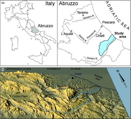 Figure 1. (a) Location map of the Aventino and lower Sangro valley. (b) Location of the Aventino and lower Sangro valley within the chain, piedmont and hilly coastal area of the Abruzzo region (3D view from south, 90 m DEM, NASA-SRTM).