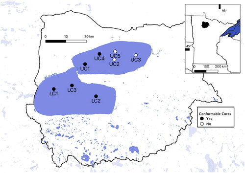 Figure 1. A watershed map showing sediment coring sites for Upper Red Lake (UC) and Lower Red Lake (LC) within the Red Lake Nation and Minnesota, USA. Black filled circles indicate cores with conformable sedimentation that were used for subsequent analyses, whereas white filled circles indicate rejected cores with problematic sedimentation identified with radiometric dating.