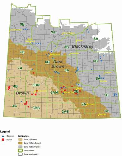 Fig. 1 Soil zone map with common and durum wheat fields surveyed across Saskatchewan in 2021.