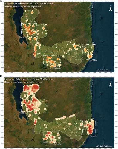 Figure 7. Location of hotspots detected that coincide in three main areas of analysis: (a) Detections resulted from LandTrendr algorithm with NDMI extracted from landsat imagery; (b) Detections resulted from MODIS EVI time-series subtraction. Spatial reference: Tete, UTM Zone 37S. Base map source: ESRI, Maxar, Earthstar Geographics, and the GIS user community.