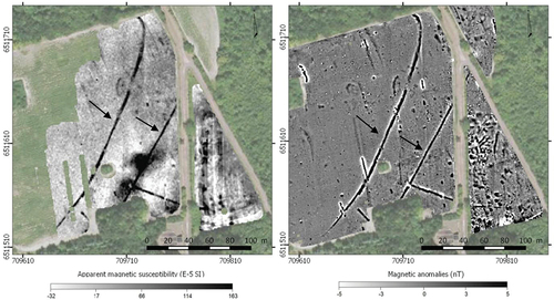 Figure 6. Magnetic susceptibility (EMI – left) and flux density (magnetometry – right) data showing ditch features (linear strongly magnetic anomalies indicated by arrows) associated with the Roman siege of Gergovia, France. Reproduced with permission (Simon et al. Citation2019Figure 2).