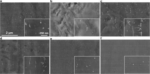 Figure 9. Distribution and content of nanoparticles within the matrix at different laser parameters. (a) P = 375 W, v = 1000 mm/s; (b) P = 325 W, v = 1000 mm/s; (c) P = 275 W, v = 1000 mm/s; (d) P = 250 W, v = 1000 mm/s; (e) P = 250 W, v = 1100 mm/s; (f) P = 250 W, v = 1200 mm/s.