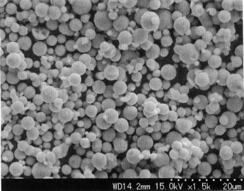 Figure 7. SEM image of titania–DDA hybrid particles after DDA removal and calcination. (Reprinted with permission from [Citation70], The Chemical Society of Japan © 2000.)