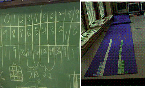 Figure 11. Student achievement on the second day is seen in this figure: on the left is the distribution table with all the values filled in correctly and on the right is the combination tower with three complete columns on each side and four central columns yet to be assembled and built.