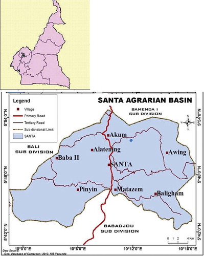 Figure 1. Map of the study area, Santa basin in North-West Region, Cameroon. Source:.Ngwa (Citation2001)