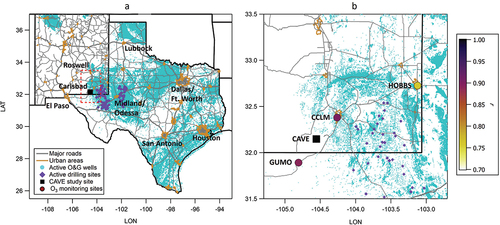 Figure 1. (a) Map of the Carlsbad Caverns National Park measurement site (CAVE, black square) with respect to major roads (gray lines), urban areas (orange outlines and text labels), and producing O&G wells (cyan dots) in NM and TX. Active drilling sites during the 2019 study period (purple diamonds) are also shown. (b) Expanded view of the red dashed area in (a) showing the locations of the Guadalupe Mountain National Park (GUMO), Carlsbad, NM city limits (CCLM), and Hobbs-Jefferson (HOBBS) O3 monitors (circular symbols) with respect to the CAVE site (black square). Monitoring sites are colored by the goodness of fit (r) from linear least squares regression of scatter plots of MDA8 O3 values at each site relative to those measured at the CAVE site (square) during the 2019 study period.
