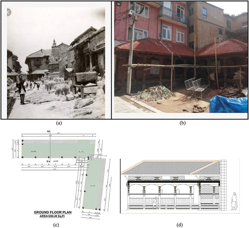 Figure 13. Monobinayak Phlacha restoration (a) Past evident photo (b) Restoration phase photo (c) Proposed floor plan and (d) Proposed elevation.