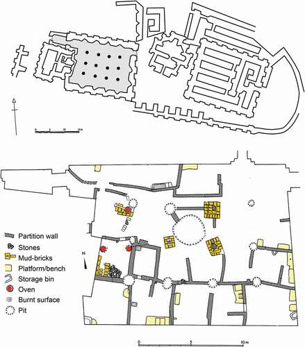 Figure 2. Above: the elite complex of Nush-i Jan, Iran (750–650 BC). Below: detail of the post-650 BC squatter occupation of one of the rooms – the columned hall. The space was partitioned to accommodate to the needs of the villagers that settled in. Redrawn after Bernbeck (Citation2019).