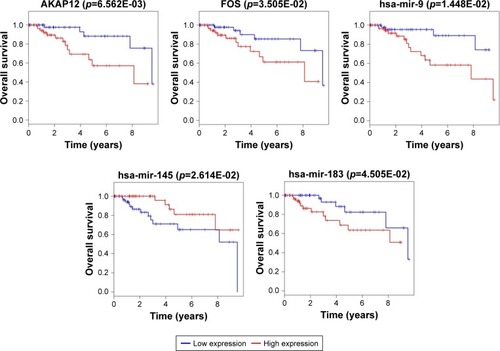 Figure 5 Survival curve analysis of ceRNA network for overall survival in triple negative breast cancer.