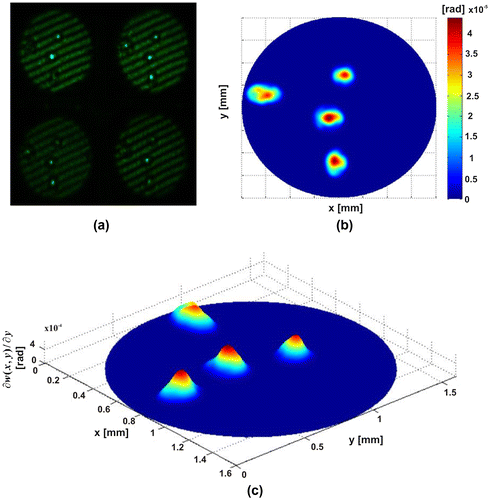 Figure 7. Four plastic microparticles (a) Four π/2-shifted interferograms captured in a single shot. (b)–(c) Slope.