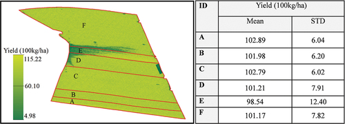 Figure 8. The spatial distribution and zonal statistics of simulated yield across six tillage treatment. When calculating the zonal mean and std values, the values of waterlogging areas was masked with the threshold of NDVImean-0.5NDVIstd in 24 August.