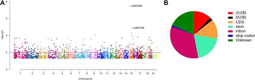 Figure 2 Manhattan plot of genome-wide identified CRC-associated m6A-SNPs (A) and 98 CRC-associated m6A-SNPs showed eQTL signals displaying a unique distribution pattern (B).