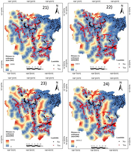 Figure 3. Landslide conditioning factors in the Tra Khuc river basin in Quang Ngai Province: 1) elevation, 2) curvature, 3) aspect, 4) slope, 5) NDVI in 2010, 6) NDBI in 2010, 7) NDVI in 2020, 8) NDBI in 2020, 9) distance from road, 10) soil type, 11) distance from river, 12) TWI, 13) LULC in 2010, 14) LULC in 2020, 15) LULC in 2030, 16) LULC in 2050, 17) average annual rainfall in 2030, 18) average annual rainfall in 2050, 19) average annual rainfall in 2010, 20) average annual rainfall in 2020, 21) distance to settlement in 2030, 22) distance to settlement in 2050, 23) distance to settlement in 2010, 24) distance to settlement in 2020, 25) NDWI in 2010, 26) NDWI in 2020, 27) morphology.