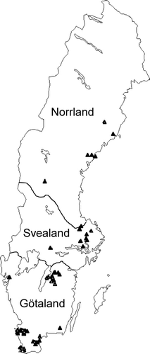 Figure 1. Geographic locations in Sweden where the 69 E. repens clones were collected for the glyphosate susceptibility experiment. Open triangles show 23 clones lacking AFLP data. Sweden stretches from 55°20′ in the south to 69°3′ in the north.