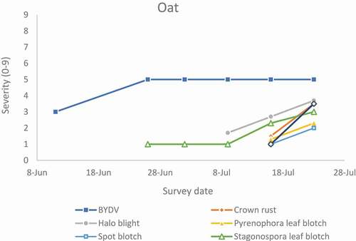 Fig. 1 Foliar disease progress curves for barley yellow dwarf (BYDV), Stagonospora leaf blotch (Stagonospora avenae f. sp. avenaria), halo blight (Pseudomonas syringae pv. coronafaciens), crown rust (Puccinia coronata f. sp. avenae), pyrenophora leaf blotch (Pyrenophora avenae), spot blotch (Cochliobolus sativus) and stem rust (Puccinia graminis f. sp. tritici) in oat fields in Ottawa, Ontario in 2020. Each point is the mean of three fields and three sites per field. The severity of these diseases was visually estimated on a scale of 0 to 9, six times during the growing season when plants were at the tillering, booting, heading, flowering, milk, and soft dough stages of growth, respectively