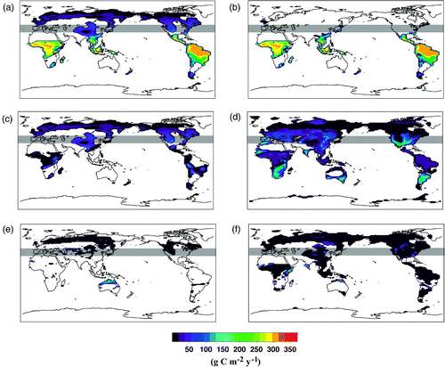 Fig. 2 Distribution of the average NPP increase between 1997 and 2002 under a [CO2]atm of 550 ppm for a) all forests, b) broadleaf trees, c) needleleaf trees, d) C3 grasses, e) C4 grasses and f) shrubs. The latitudinal band between 35°N and 46°N is indicated by the grey shaded area.