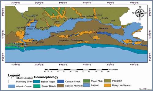 Figure 7. Geomorphology map of areas around the Lagos Lagoon