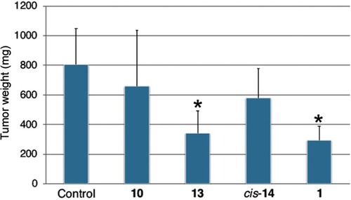 Figure 10 Tumor weight in A549-transplanted mice at Day 20. A549 cells (1.0×107 cells) were injected subcutaneously (s.c.) into female BALB/c nude mice aged 4 weeks. After injection of A549 cells, the mice were treated daily for 6 days with an intraperitoneal injection of fullerene derivatives. The animals were sacrificed and the tumor weights were recorded at two weeks after the last injection of fullerene derivatives. *p<0.05, VS control.