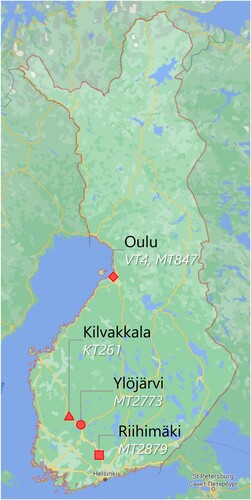 Figure 2. Location of the roads in Finland. The road codes are presented as well. Notice that every road is identified with a unique marker (symbol). Source (map): Google Maps.