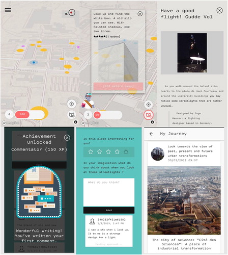 Figure 1. Screenshots from CrossCult:City App (top left) birds eye map view, (top middle) navigational clue, (top right) story window with title and media, (bottom left) reflective question and user responses (bottom middle) achievement (bottom right) my journey.