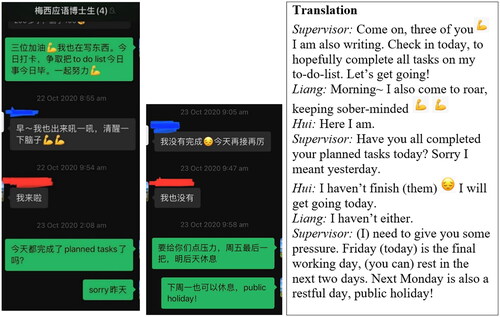 Figure 1. Screenshots of daily check-in in the supervisor-students WeChat group.