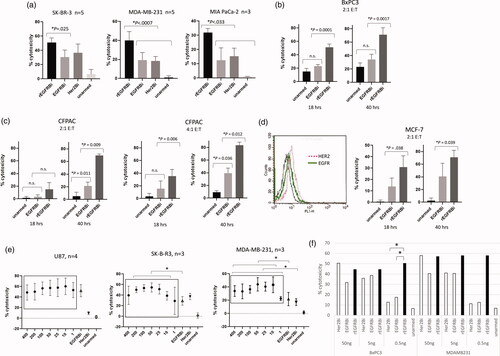 Figure 2. Cytotoxicity by BATs incubated with solid tumour cell lines. (a) Cytotoxicity of rEGFR-, HER2-, and EGFR-BATs from healthy donors against SK-BR-3, MDA MB231 and MIA PaCa cells at 10:1 E:T in 18 h 51Cr-release assays. *p < .05. (b) Cytotoxicity of rEGFR- and EGFR-BATs against BxPC3 cells at 2:1 E:T using xCELLigence RTCA system at 18 and 40 h (n = 4). (c) Cytotoxicity of rEGFR- and EGFR-BATs against CFPAC-1 cells at 2:1 and 4:1 E:T using xCELLigence RTCA system at 18 and 40 h (n = 3). n.s.: not significant (p > .05). (d) Cytotoxicity of rEGFR- and EGFR-BATs against MCF-7 cells at 2:1 E:T over 40 h (right panel). MCF7 cells express low levels of both HER2 and EGFR when stained with Herceptin and Erbitux, respectively (left panel). (e) Cytotoxicity of rEGFR-BATs armed at 1–400 ng BiAb/106 cells vs. EGFR- and HER2-BATs armed at 50 ng BiAb/106 cells. For U87, there was no significant differences among any of the rEGFR arming concentrations nor those conditions and 50 ng of EGFRBi. For SK-BR-3, concentrations of 10 ng to 200 ng rEGFRBi were significantly greater than EGFRBi (50 ng) but not HER2 (50 ng). For MDA-MB-231, concentrations of rEGFRBi between 10 and 400 ng were significantly greater than EGFRBi (50 ng), whereas all concentrations of rEGFRBi were significantly greater than HER2 (50 ng). *p < .05. (f) Average cytotoxicity from 2 healthy donors’ ATC armed with 50, 5 or 0.5 ng BiAb/106 cells in an 18 h 51Cr-release assay at 10:1 E:T. *p < .05.