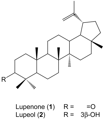 Figure 1.  Structures of lupenone (1) and lupeol (2).