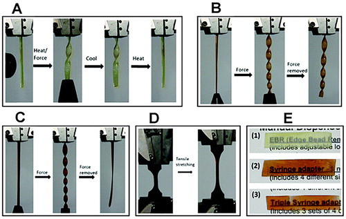 Figure 4. Inducement of flexibility in epoxy thermoset using ionic liquids. Adapted from Ref. Citation80, with permission from The Royal Society of Chemistry. (a) Reversible bending and twisting on application of heat and force with retention of the original shape on cooling. (b) Bending and twisting at room temperature after application of small force with retention of new shape even after removal of force. (c) Bending and twisting after application of small force with retention of original shape after removal of force. (d) Elastomeric thermoset before and after 280% elongation. (e) Thermoset transparency (1) hard thermoset at 10% IL (2) plastic thermoset at 30% IL (3) elastomeric thermoset at 50% IL.