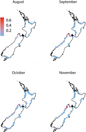 Figure 3. The proportion of kōaro (Galaxias brevipinnis) in whitebait samples (n ≥ 100 fish) collected over four months from up to 87 rivers around New Zealand.