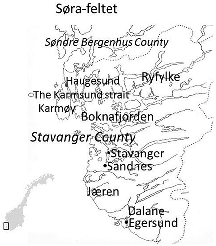 Figure 1. Stavanger County/Søra-field showing the Boknafjord in the centre. To the north of that is the Karmsund strait, and the Stavanger area is south of the Boknafjord.