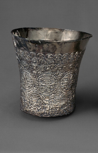 Figure 5. Unknown Artist, Silver Beaker with Ceremonies and Scorpion Deity (The Medallion Beaker or Denver 2). Hammered silver. 7 × 7.5 × 5 in. (H. 16.8 cm). Denver Art Museum: Gift of the Collection of Frederick and Jan Mayer, 1969.303. Photograph courtesy Denver Art Museum.