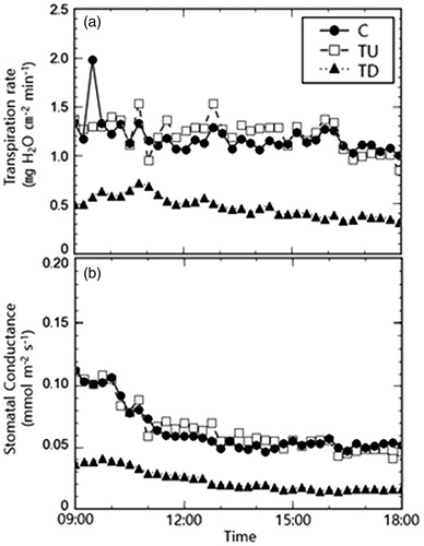 Figure 3. Comparison of daily patterns in (a) transpiration rate and (b) stomatal conductance in the three plots.
