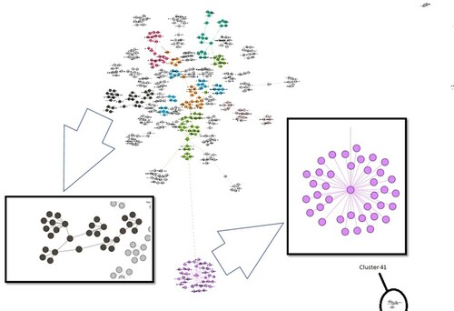 Figure 3. Network of comments and interactions between users in the videos of the sample. Cluster 8 (enhanced, right side) is isolated from the core network. The network enhanced (left side) shows a cluster of interactions between videos within the core network; and Cluster 41 (circled, bottom right) is an example of cluster isolated from the core network.