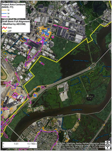 Figure 4. Example of a map that depicts the ‘Preliminary Flood Protection Alignments’ in a part of the Meadowlands. The proposed location of a berm through the conservation land is depicted in yellow. Source: New Jersey Department of Environmental Protection (Citation2016).