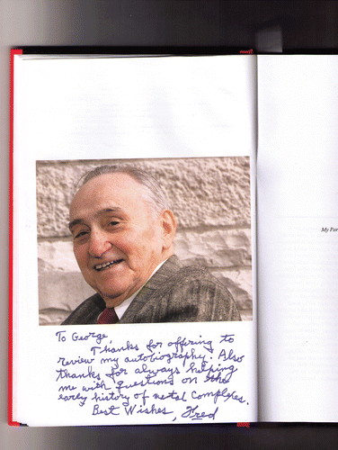 Figure 1. Fred Basolo, frontispiece from autobiography. Photo by Mitch Jacoby with Fred's Handwriting Citation3. Courtesy of Fred Basolo.