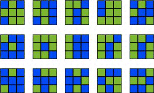 Figure 9. These are fifteen separate screenshots from the NetLogo model Stochastic Patchwork. The model generates such random combinations successively. The user can control the number of squares in the sample as well as the speed of the experiment and other parameters. In this particular run there happened to be a single repetition (the 3rd, 9th, and the 10th samples).
