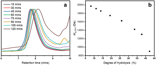 Figure 2. a) GPC chromatograms for the hydrolysis of PFAOx, showing the shift to lower molecular weight and the increase in tailing at higher degrees of hydrolysis. b) plot of Mp,GPC with degree of hydrolysis.