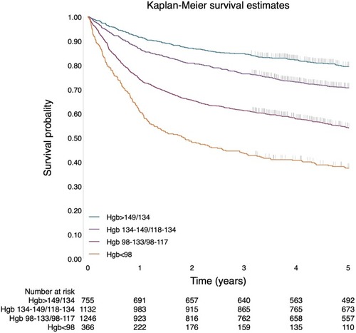 Figure 1 Five-year OS for all patients, according to pretreatment Hgb subgroups (training cohort).