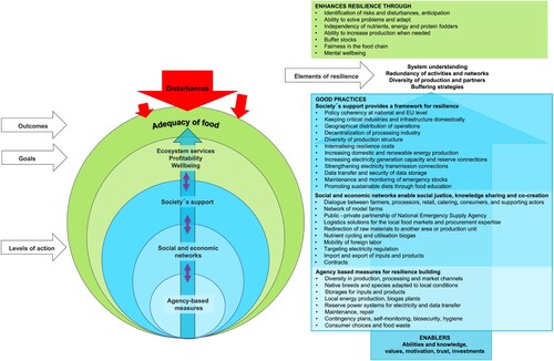 Figure 3. Enhancing resilience in the food system through good practices at three levels of action: agency-based measures; social and economic networks; and society’s support. Good practices within each level of activity are presented in the box on the right.