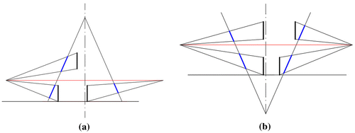 Figure 10. Images of segments of vertical straight lines. (a) Projection of version A. (b) Projection of version B.