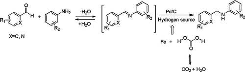 Figure 10. Pd/C-catalyzed reductive amination of aldehydes with Fe in CO2/H2O system adapted from Ref. [Citation2] Copyright of Elsevier Ltd.