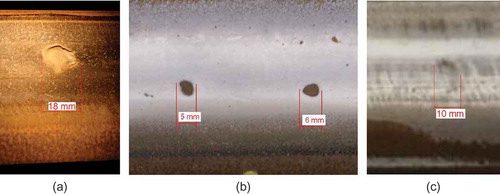 Figure 1. Various defects in rail head: (a) an indentation caused by a steel ball from an aerosol paint can, (b) an indentation by unknown object, and (c) a defect of unknown cause.