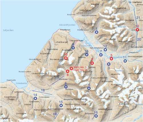 Figure 12. Map of SIOS field locations. Sites visited on the current campaign is marked in red.