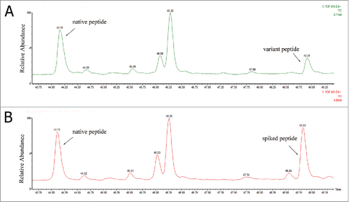 Figure 4. Total ion chromatogram of native peptide, WQEGNVFSCSVMHEALHNHYTQK and variant peptide, WQEGNVFSCSVMHEVLHNHYTQK in (A) non-spiked antibody tryptic digest and (B) spiked in WQEGNVFSCSVMHEVLHNHYTQK synthetic peptide.