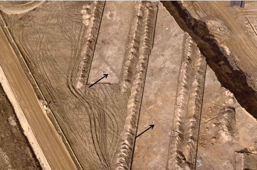 Figure 6. Pit alignment discovered in Zwenkau, Germany, looking north (Landesamt für Archäologie Sachsen). Each pit is on average c.5 metres long.