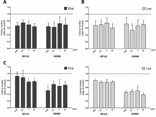 Figure 1. Clonogenic potential of MNCs from JAK2V617F positive PV patients in medium supplemented with EPO only. CFU obtained from peripheral blood MNCs treated with enalaprilat (A) and losartan (B); n = 3. CFU obtained from bone marrow MNCs treated with enalaprilat (C) and losartan (D); n = 3.